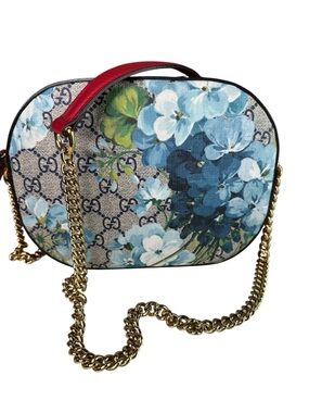 Gucci Blue Floral GG Canvas Crossbody with Red Top Handle and Gold Chain